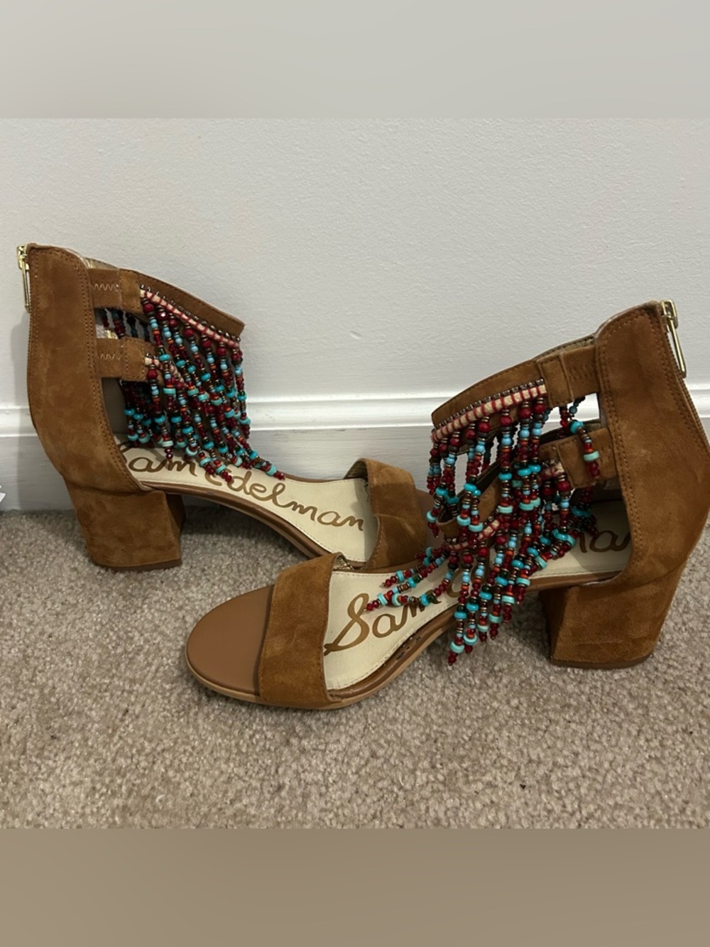 Women’s Sam Edelman Sibel Heeled Sandals Size 8.5 Tan Suede Beaded Fringe
